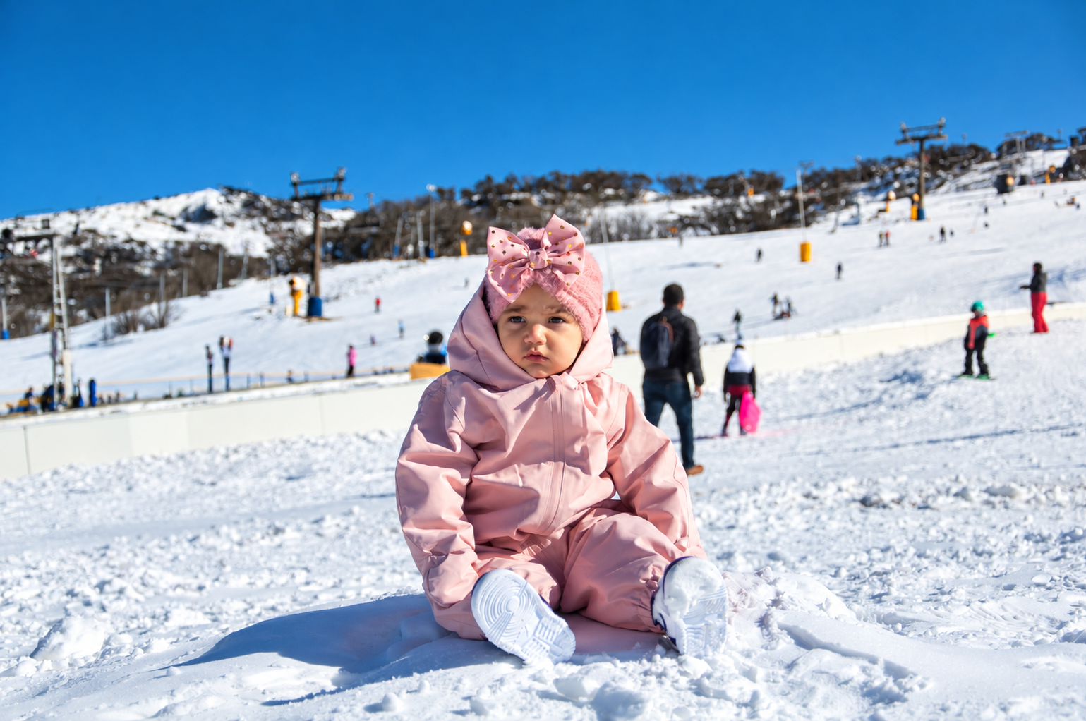 A baby in a pink winter outfit sitting on snow at a ski field